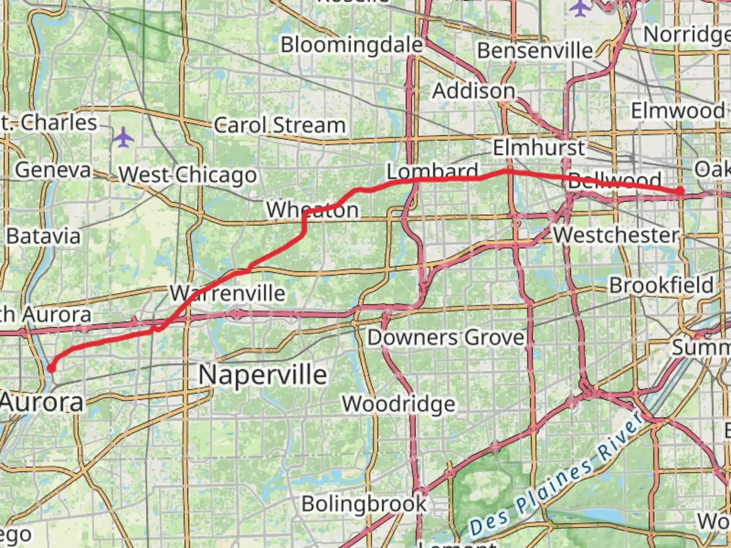 An image depicting the trail Illinois Prairie Path Aurora Branch and its surrounding area.