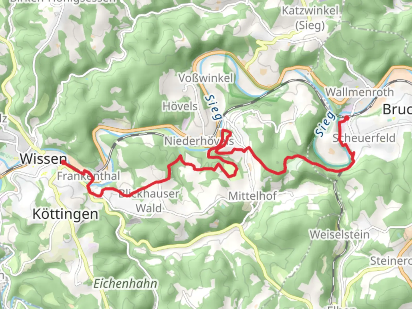 An image depicting the trail Wissen to Scheuerfeld Walk and its surrounding area.