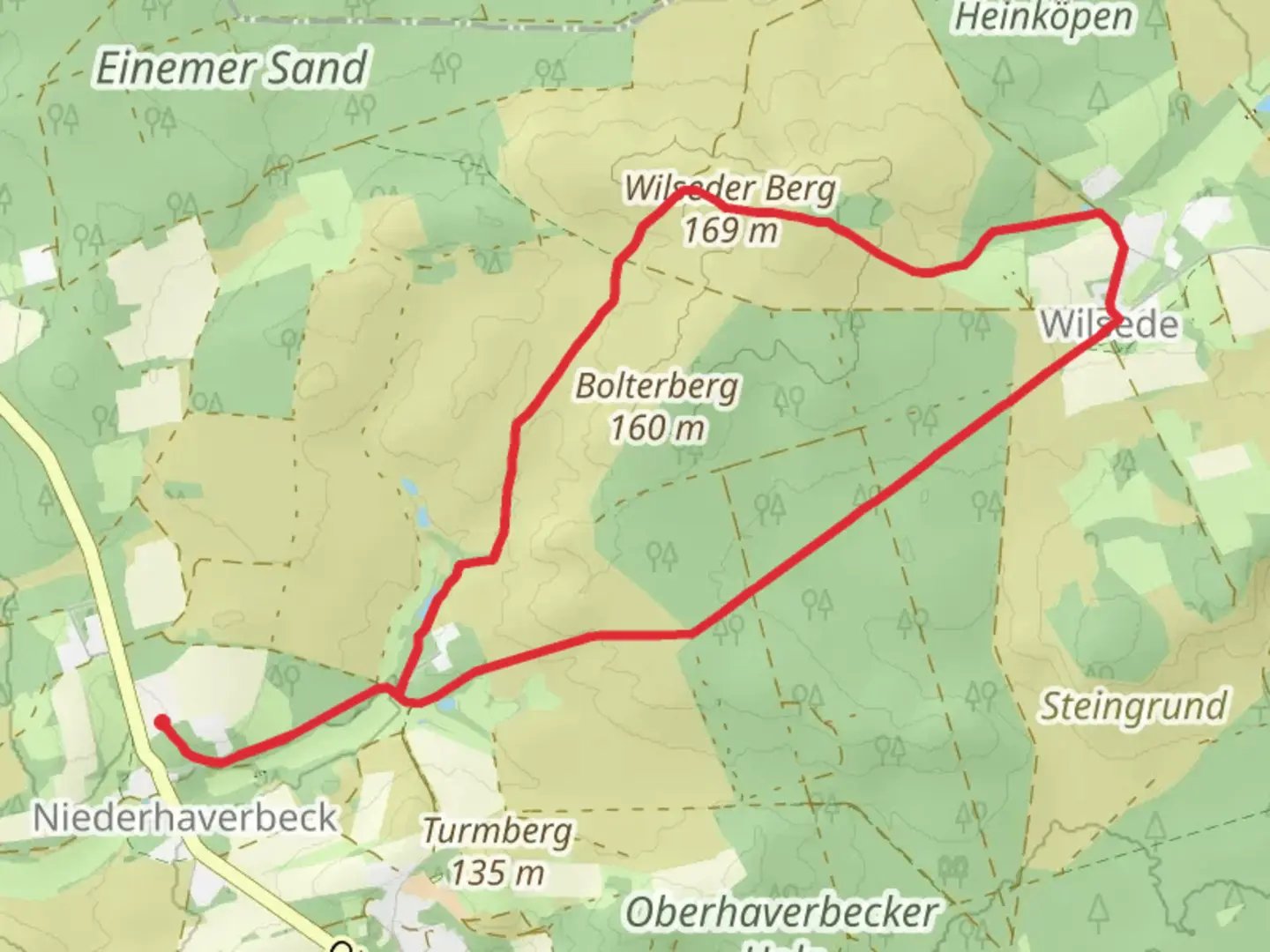 An image depicting the trail Wilseder Berg via Freudenthalweg and Bispingen and its surrounding area.