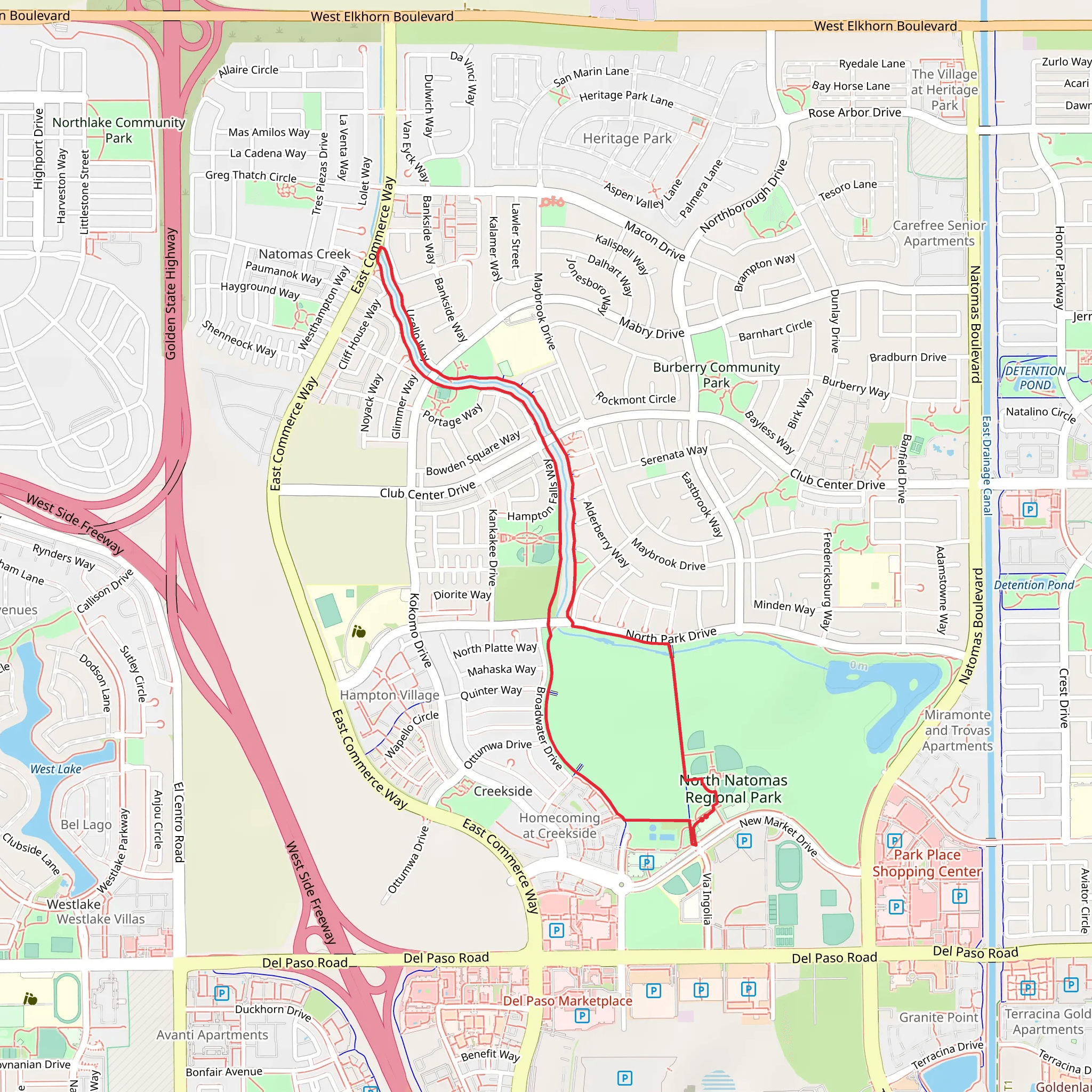 Creekside and Redbud Loop Trail from North Natomas Regional Park mobile static map
