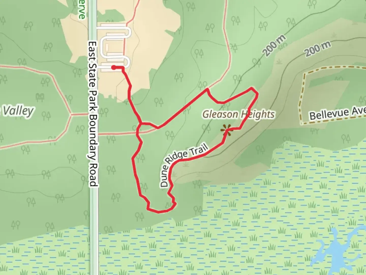 An image depicting the trail Gleason Heights Loop and its surrounding area.