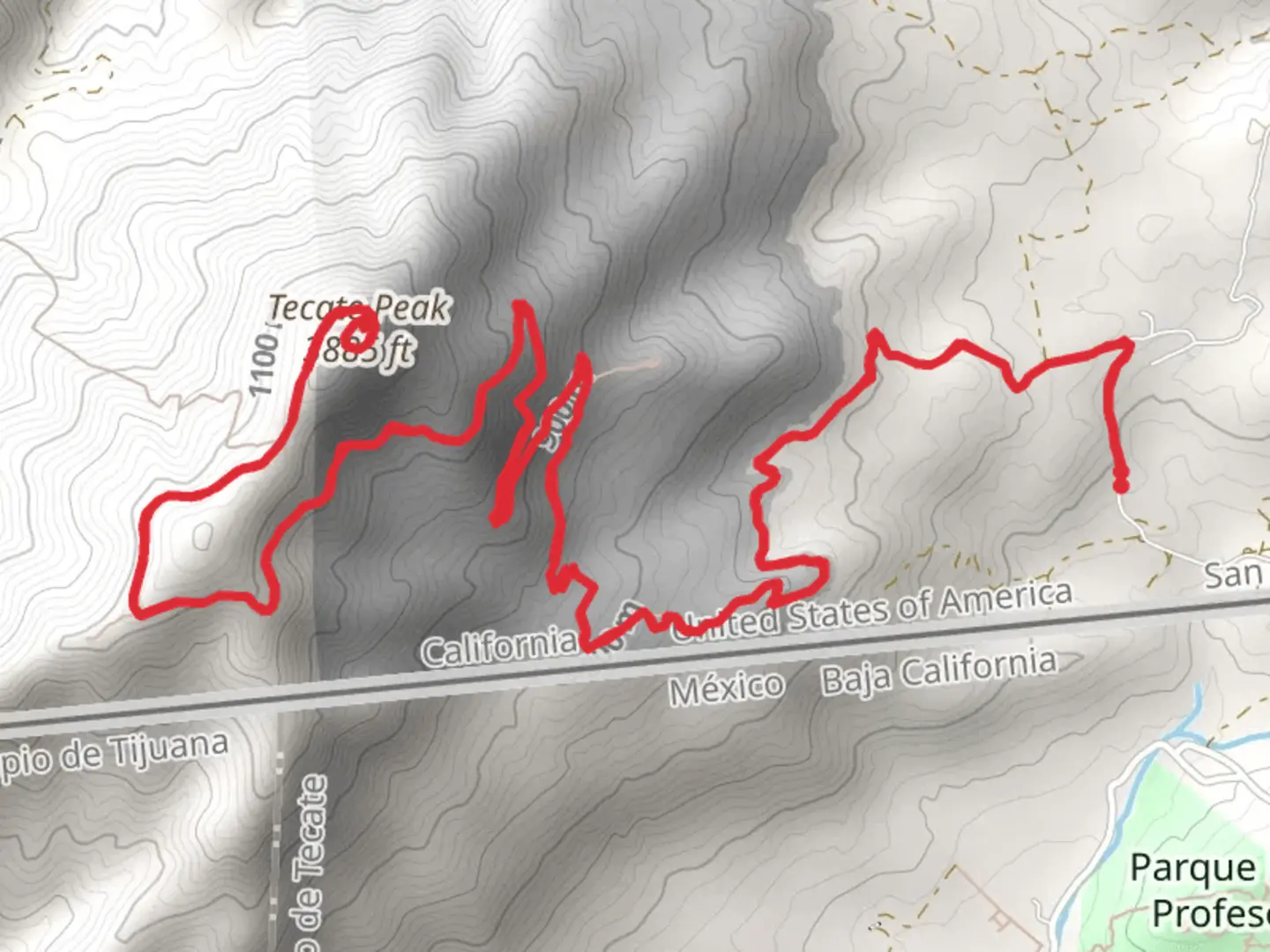 An image depicting the trail Tecate Peak via US Border Patrol Road and its surrounding area.