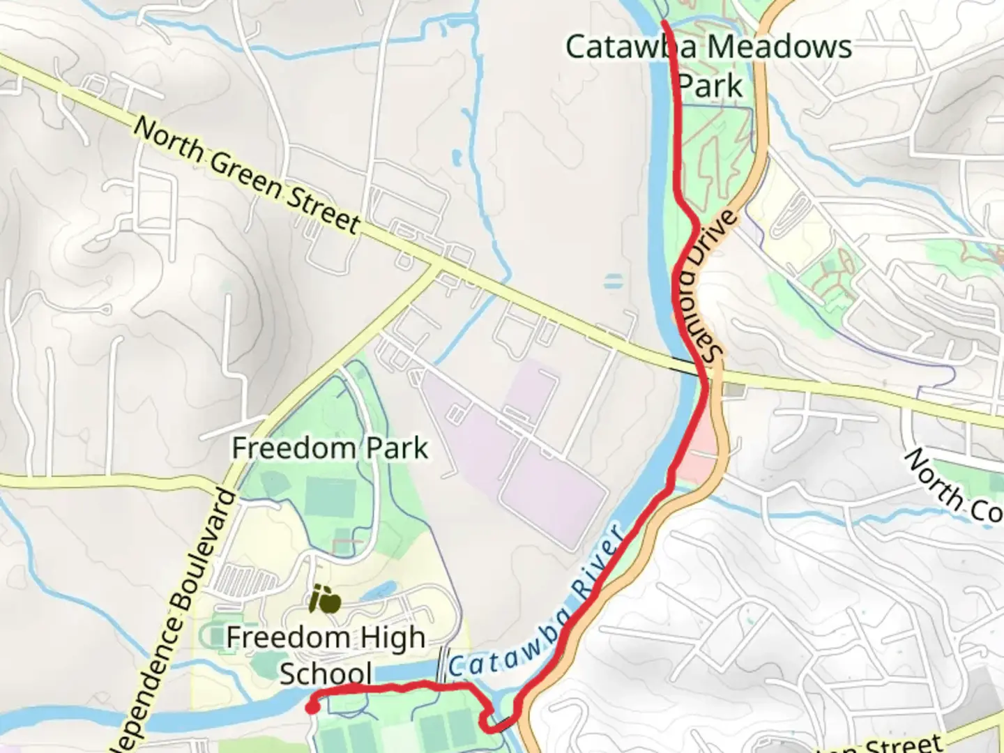 An image depicting the trail Catawba River Greenway and its surrounding area.
