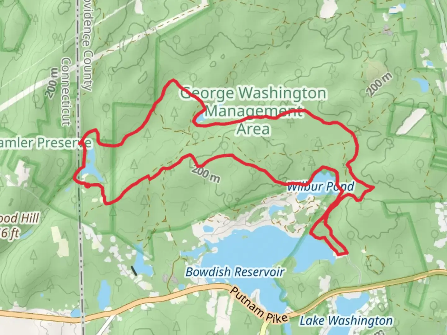 An image depicting the trail Peck, Richardson and Wilbur Pond Loop and its surrounding area.