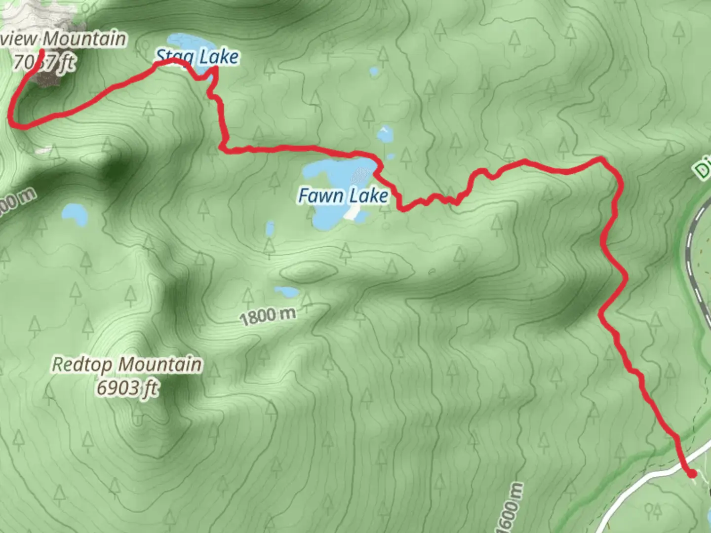 An image depicting the trail Lakeview Mountain and Stag Lake via Fawn Lake Trail and its surrounding area.