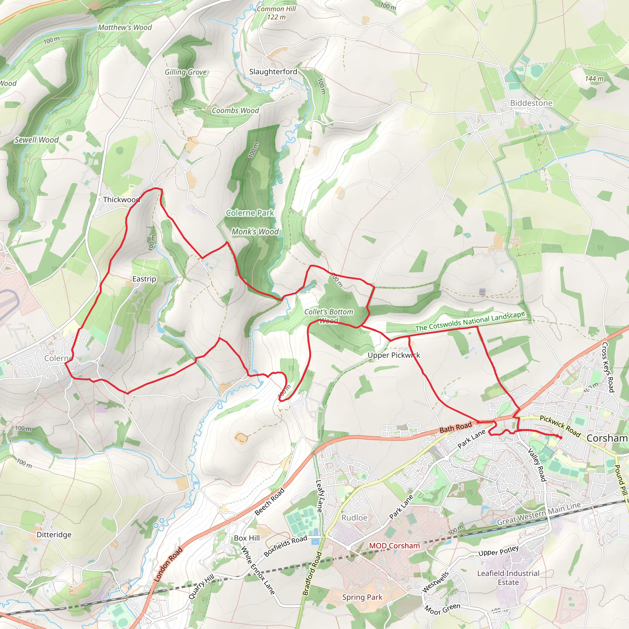 Corsham to Colerne Peacock Trail mobile static map
