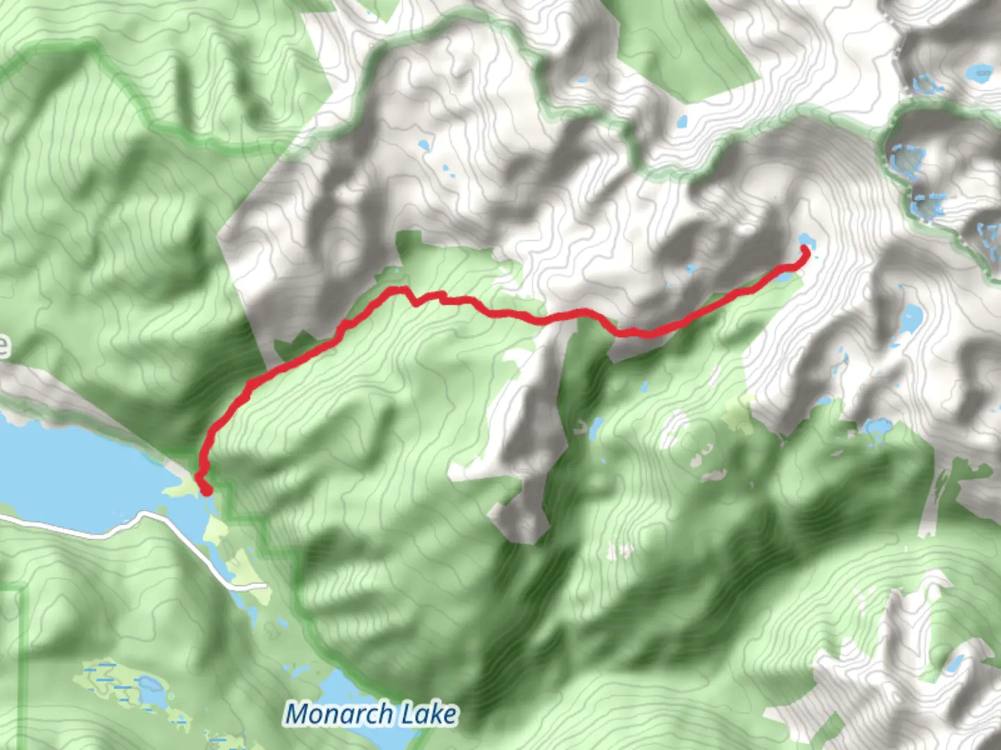 An image depicting the trail Upper Lake and Stone Trail via Roaring Fork Trail and its surrounding area.