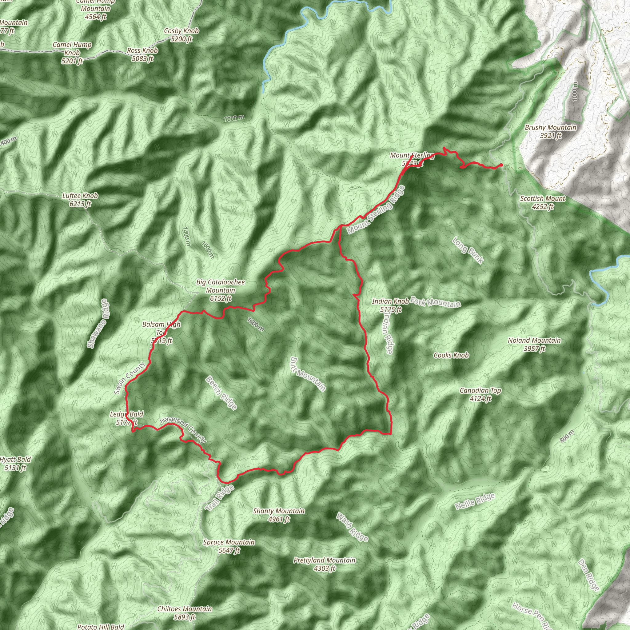 Mount Sterling, Balsam Mountain, Balsam High Top and Ledge Bald Loop Trail mobile static map
