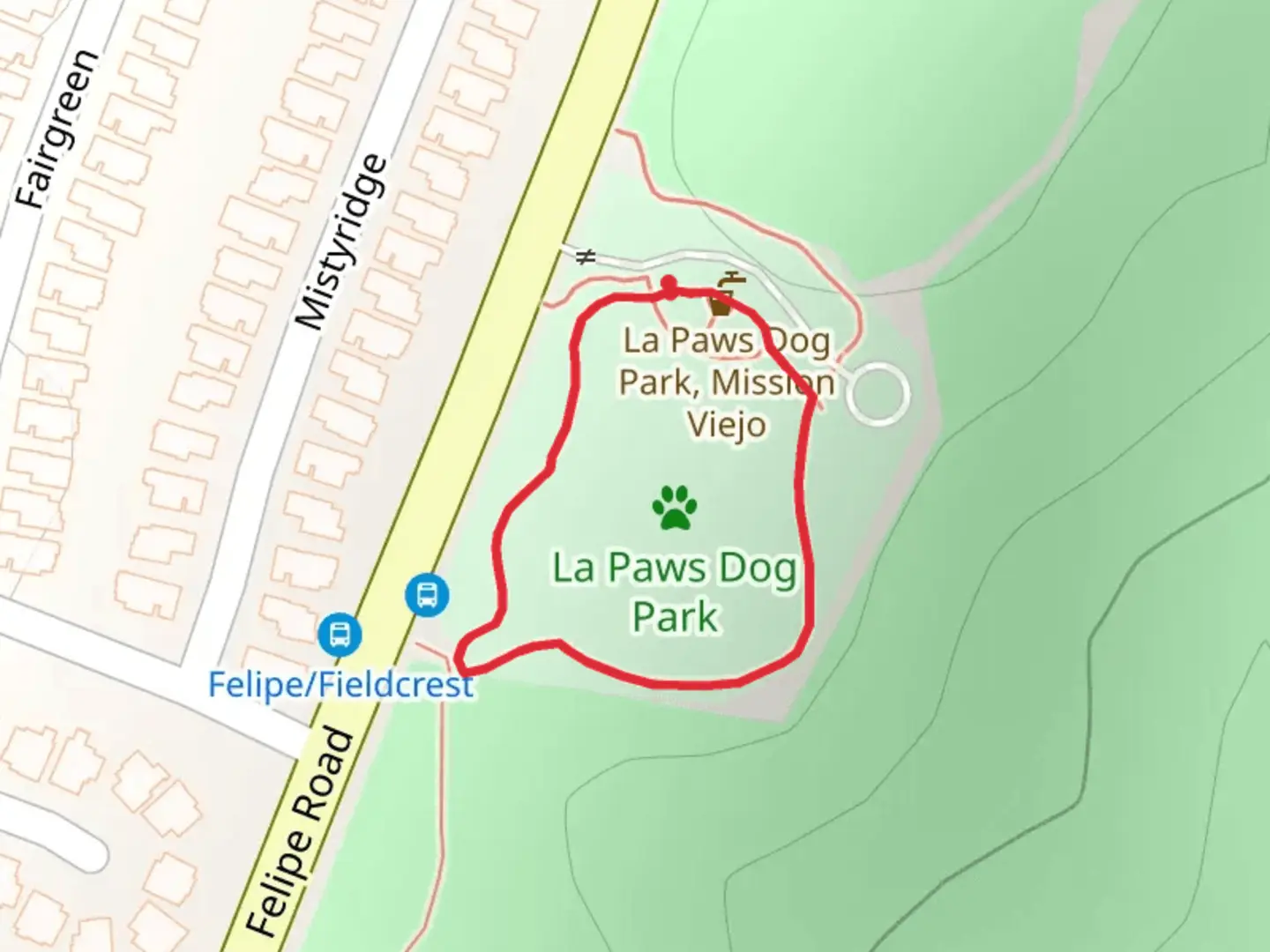 An image depicting the trail La Paws Dog Park Loop and its surrounding area.
