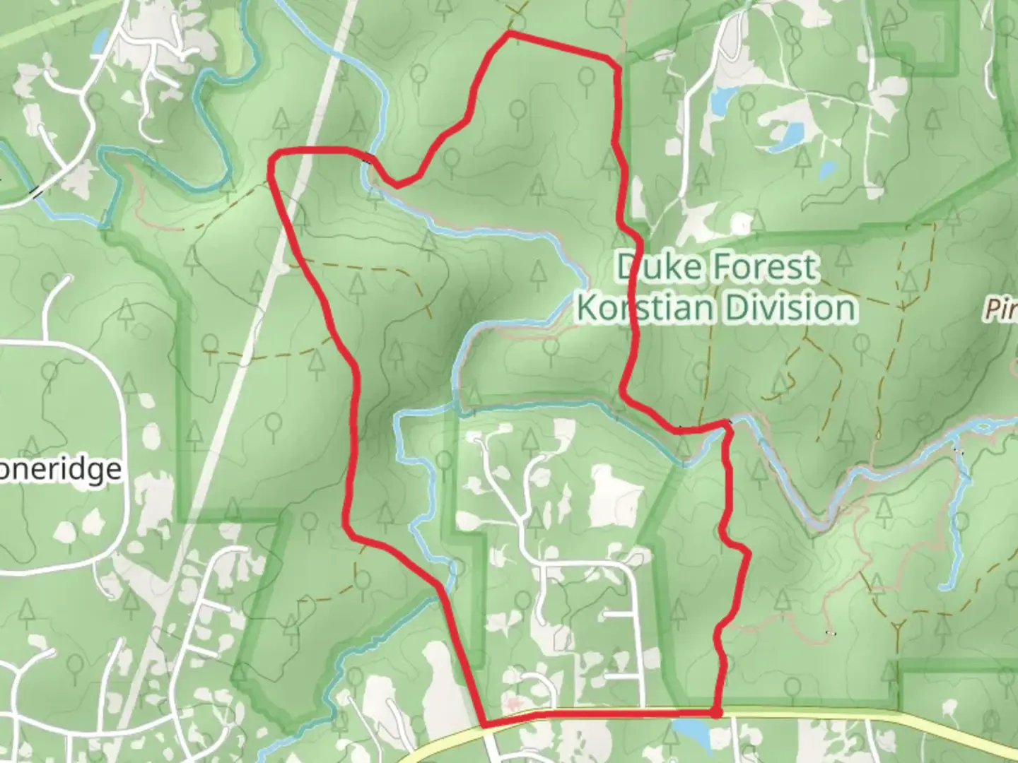An image depicting the trail New Hope Creek Loop and its surrounding area.
