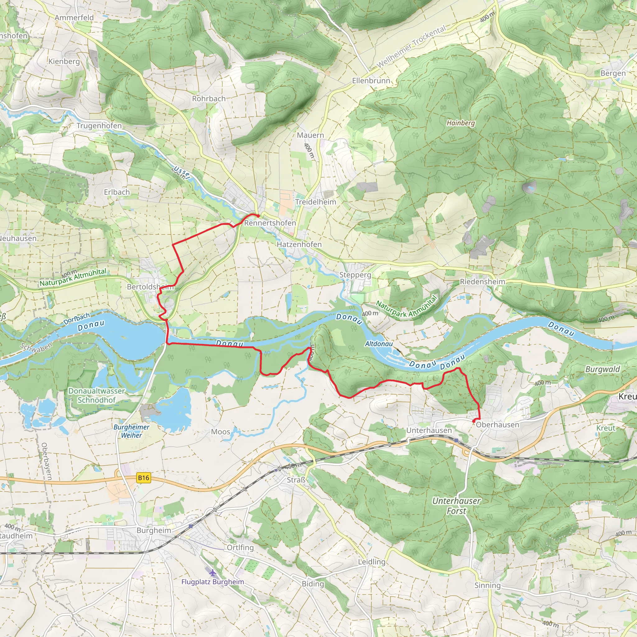 Rennertshofen to Oberhausen via Urdonautalsteig mobile static map