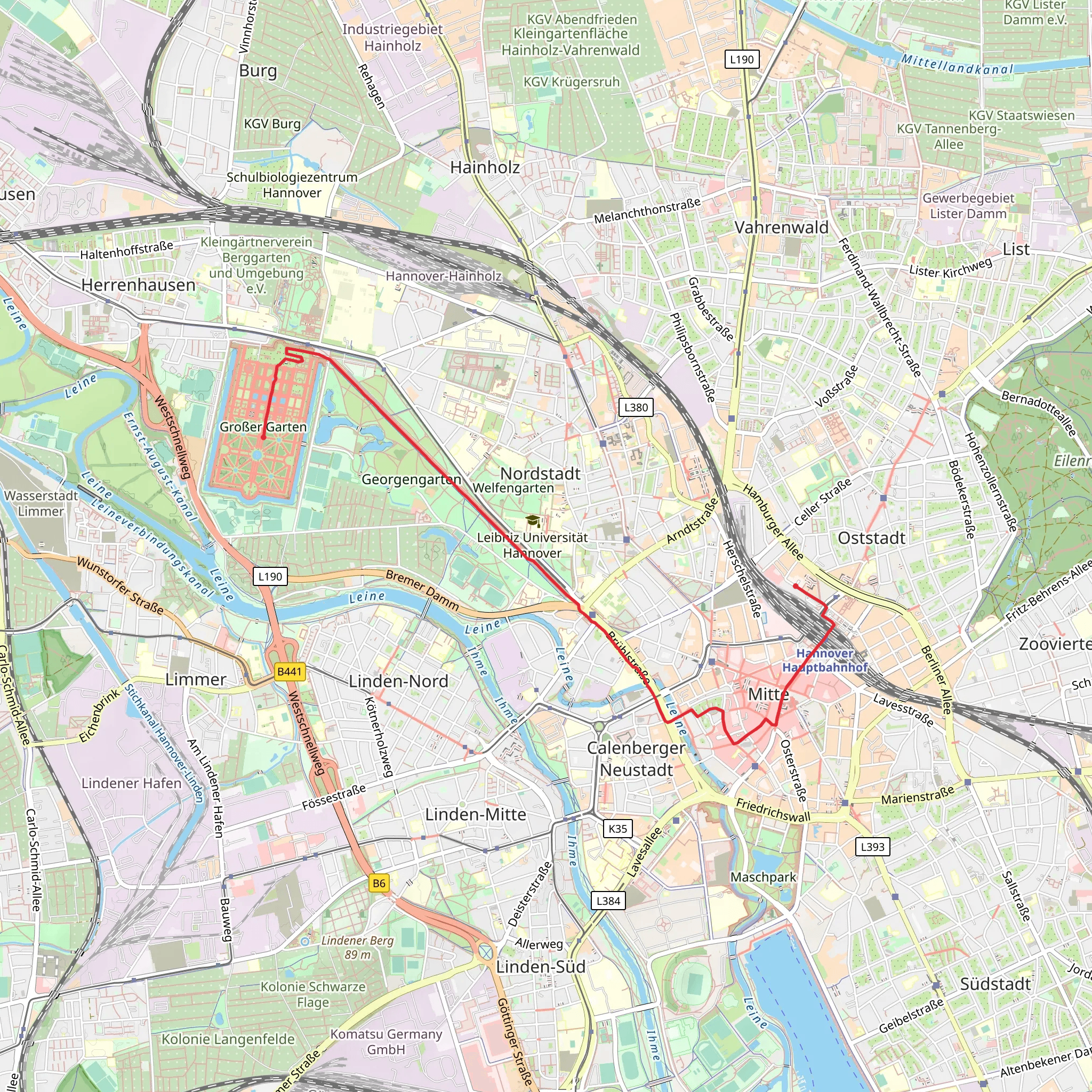 Hauptbahnhof to Grosser Garten via Herrenhaeuser Allee mobile static map