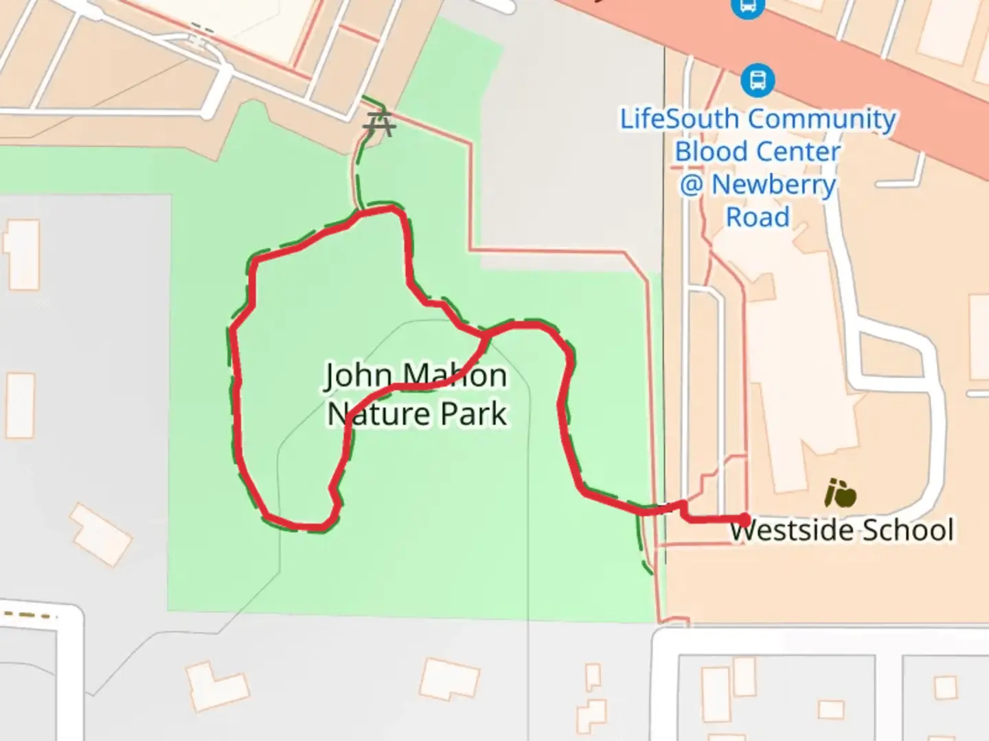An image depicting the trail John Mahon Nature Park Loop and its surrounding area.