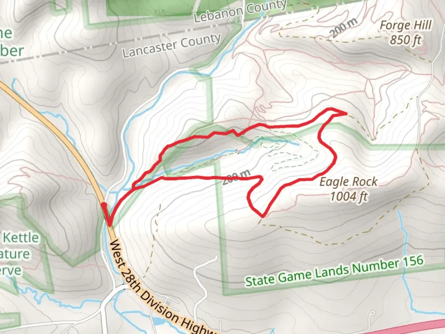 An image depicting the trail Hill Top Road and Horse-Shoe Trail and its surrounding area.