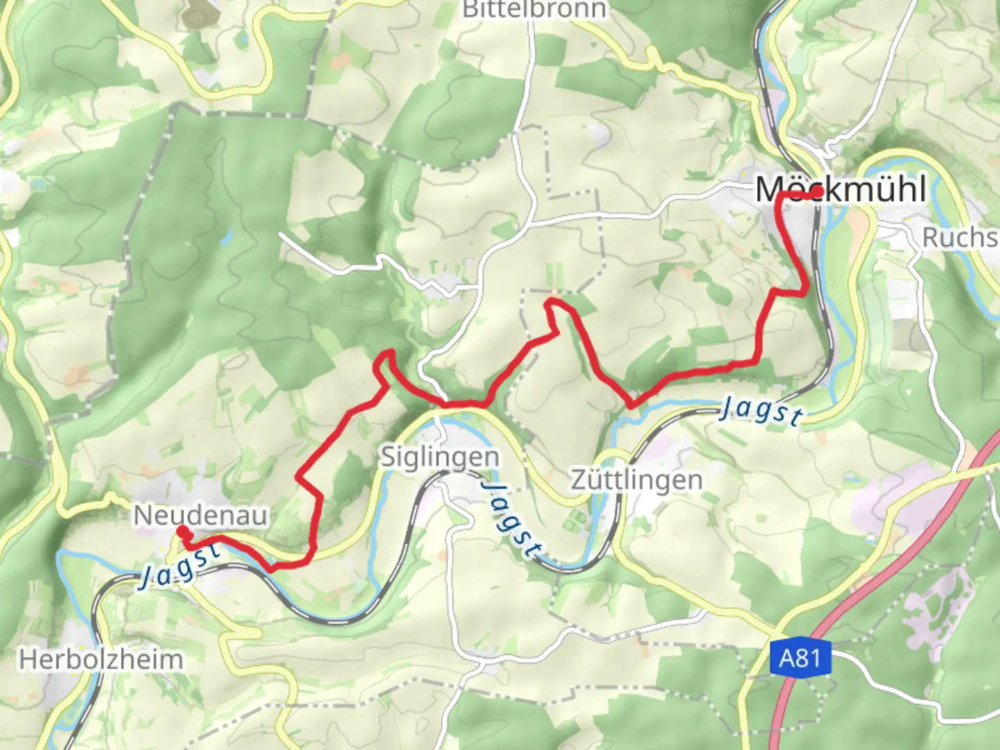 An image depicting the trail Neudenau to Möckmühl via Kulturwanderweg Jagst and its surrounding area.