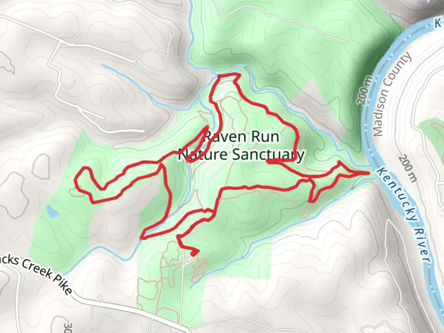 An image depicting the trail Raven Run Red Loop Trail and its surrounding area.