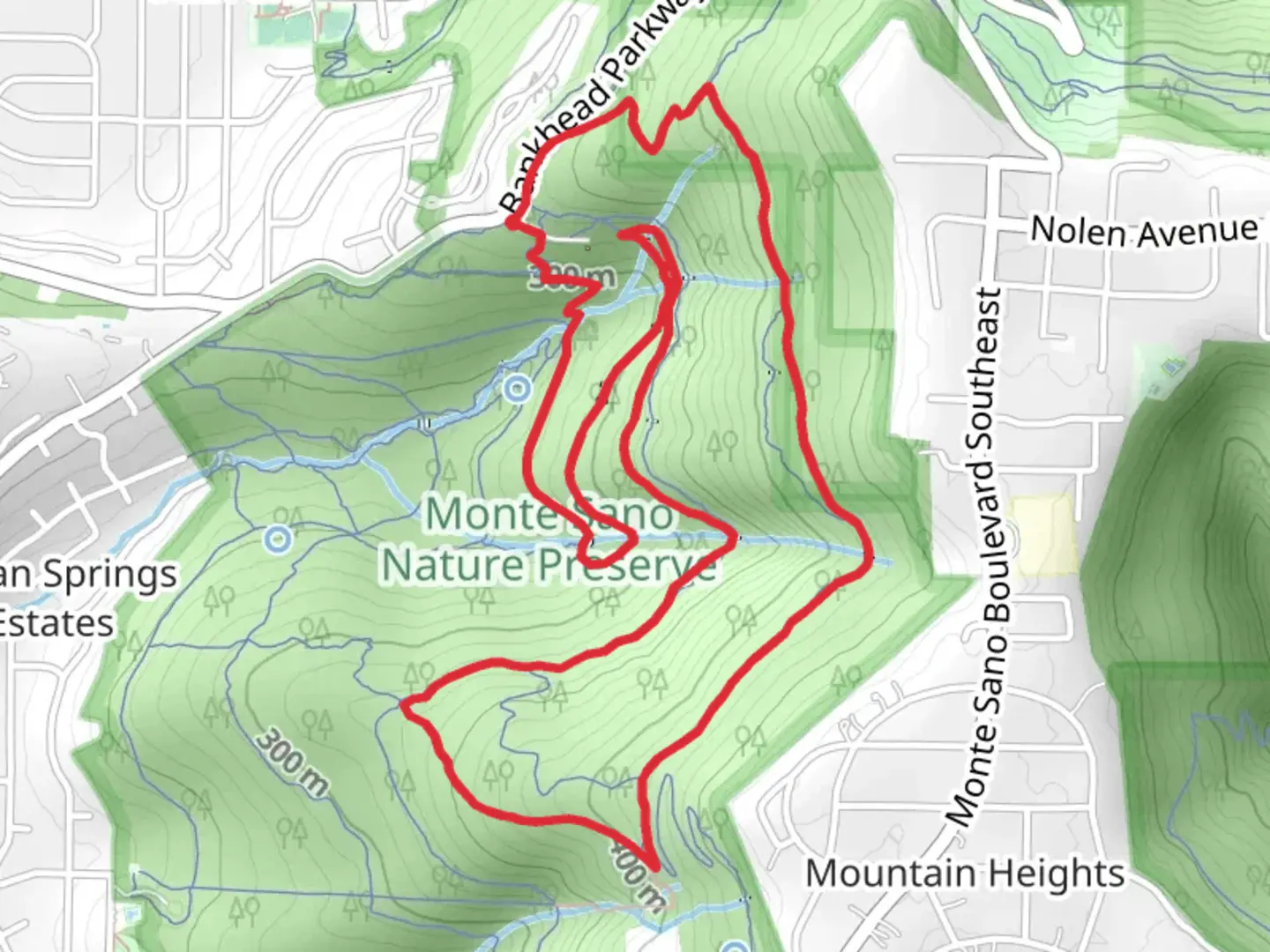 An image depicting the trail Monte Sano Preserve Loop and its surrounding area.