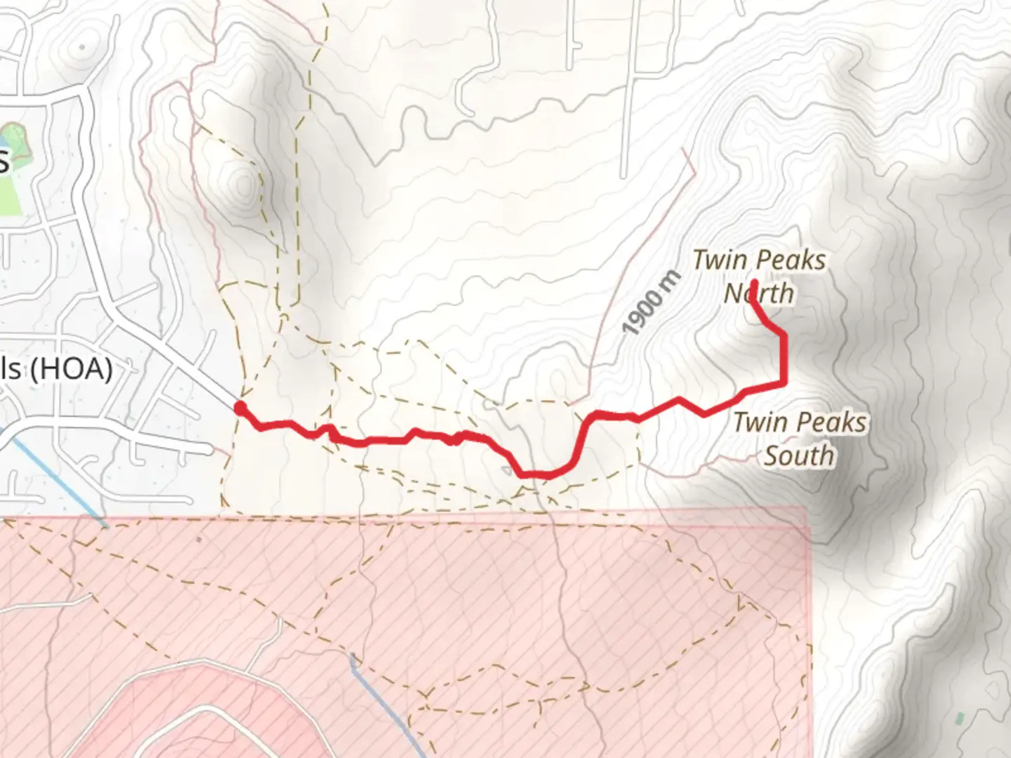 An image depicting the trail Twin Peaks North from Stagecoach Road Southeast and its surrounding area.