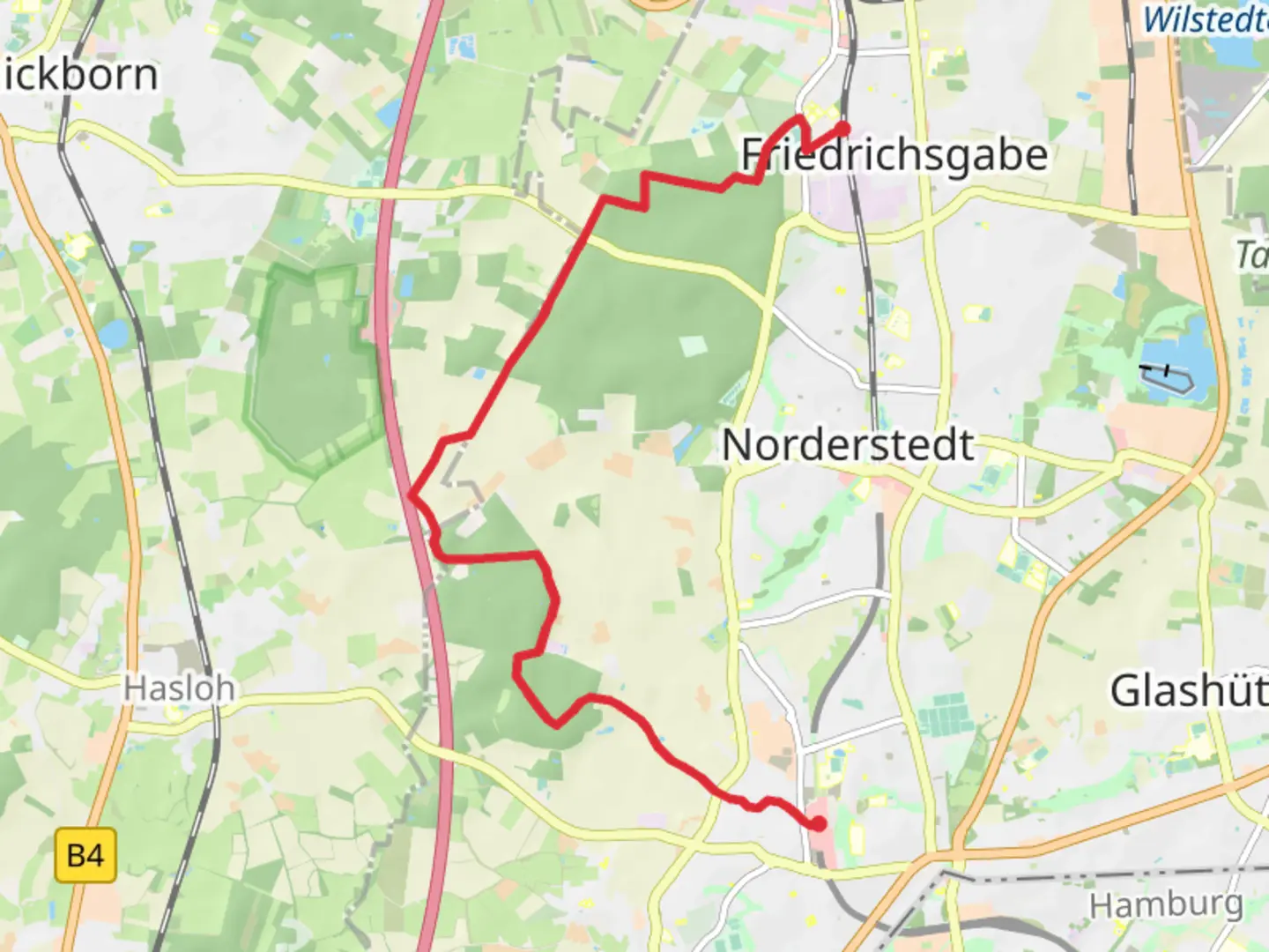 An image depicting the trail Friedrichsgabe to Garstedt Walk and its surrounding area.