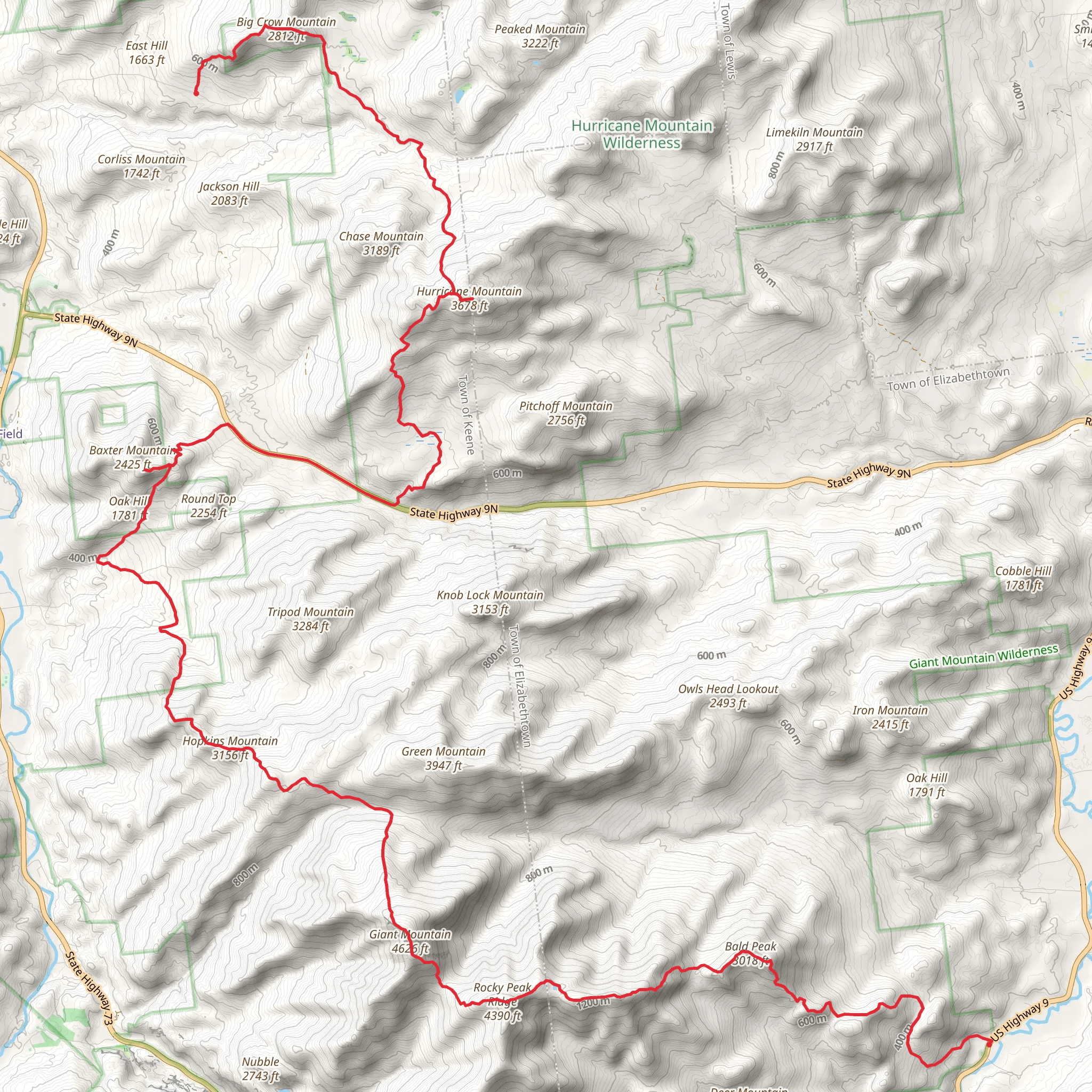 Bald Peak, Rocky Peak, Giant Mountain and Hopkins Mountain via Gulf Brook Trail mobile static map