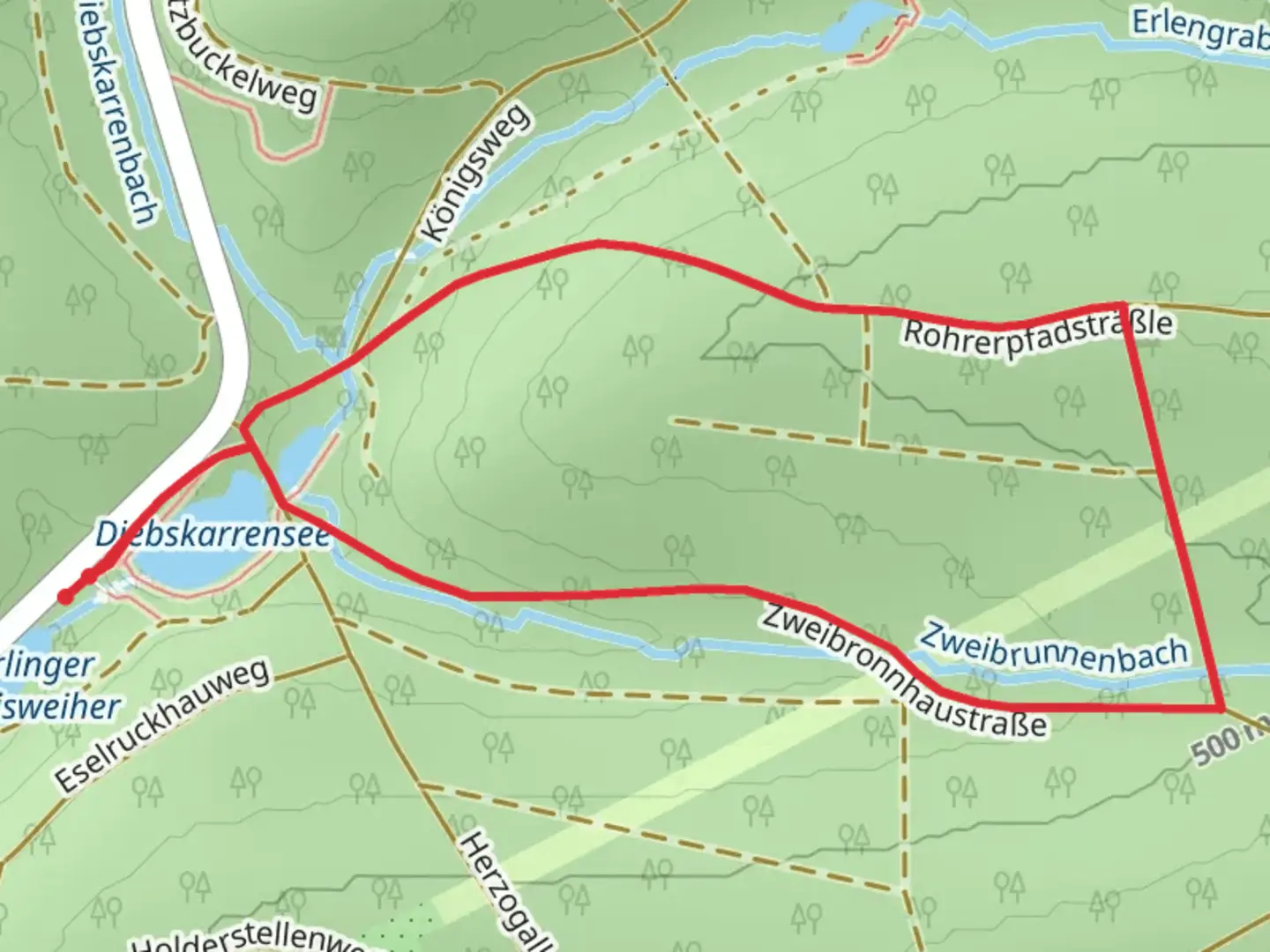 An image depicting the trail Rohrerpfadsträßle and Zweibronnhaustraße Loop and its surrounding area.
