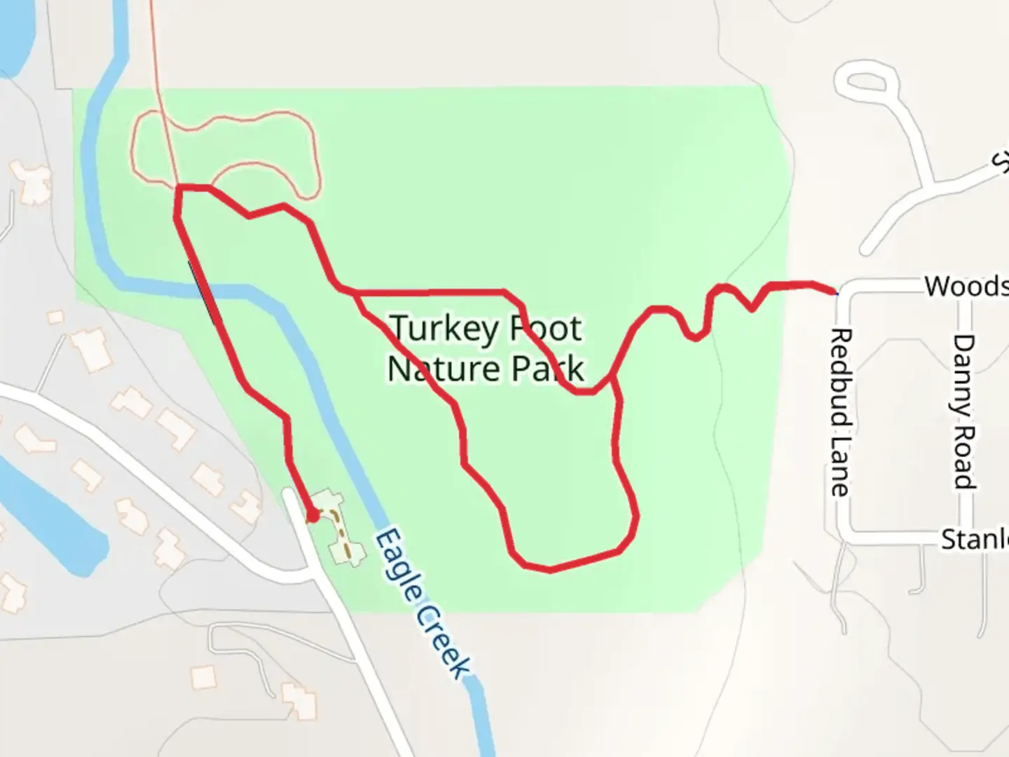 An image depicting the trail Turkey Foot Nature Park Loop and its surrounding area.