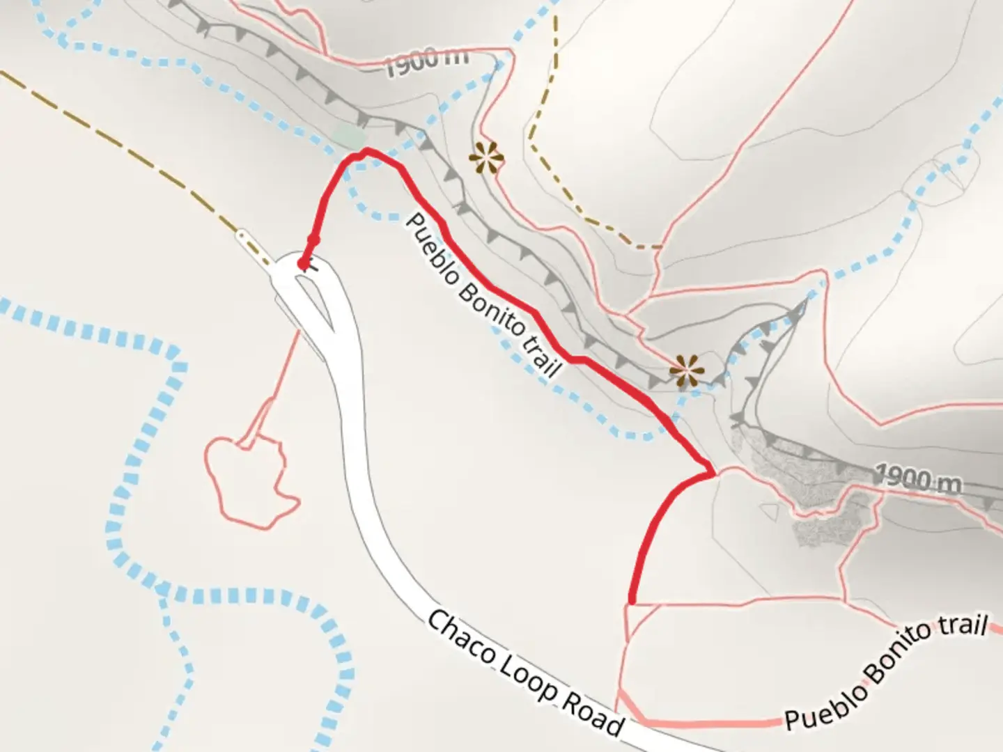 An image depicting the trail Pueblo Bonito Trail and its surrounding area.