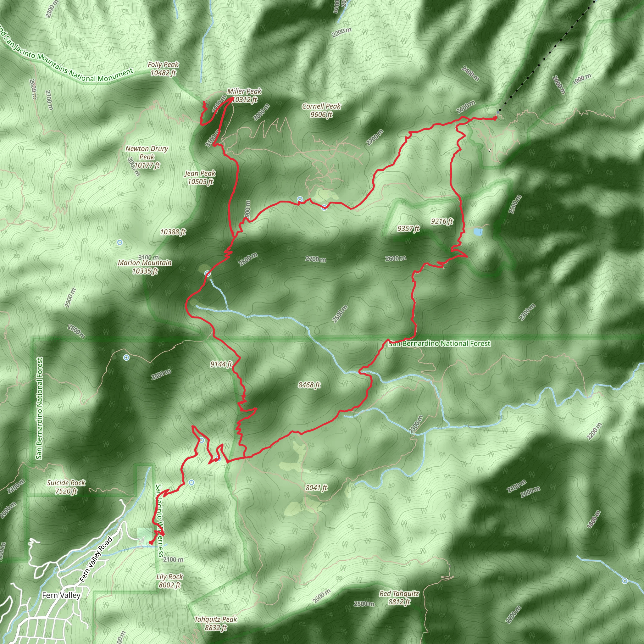 San Jacinto Peak and Miller Peak via Devils Slide Trail and Willow Creek Trail Loop mobile static map