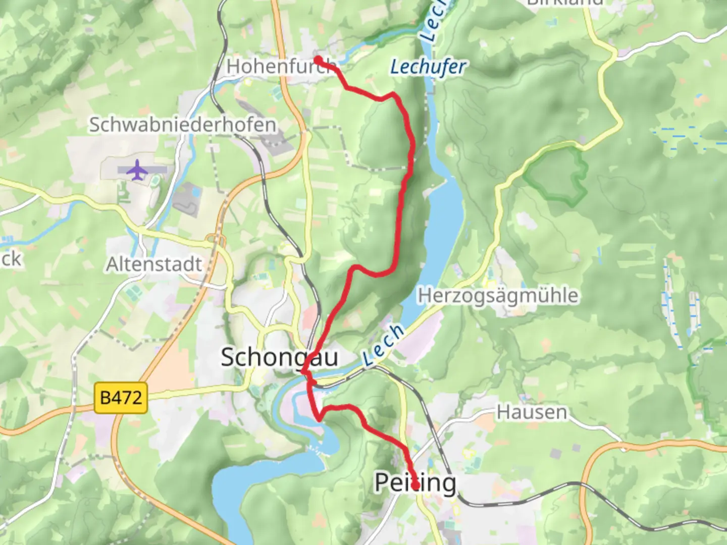 An image depicting the trail Hohenfurch to Peiting via Schwalbenstein and its surrounding area.