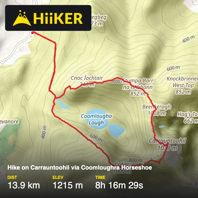 A map preview of the recording Hike on Carrauntoohil via Coomloughra Horseshoe.