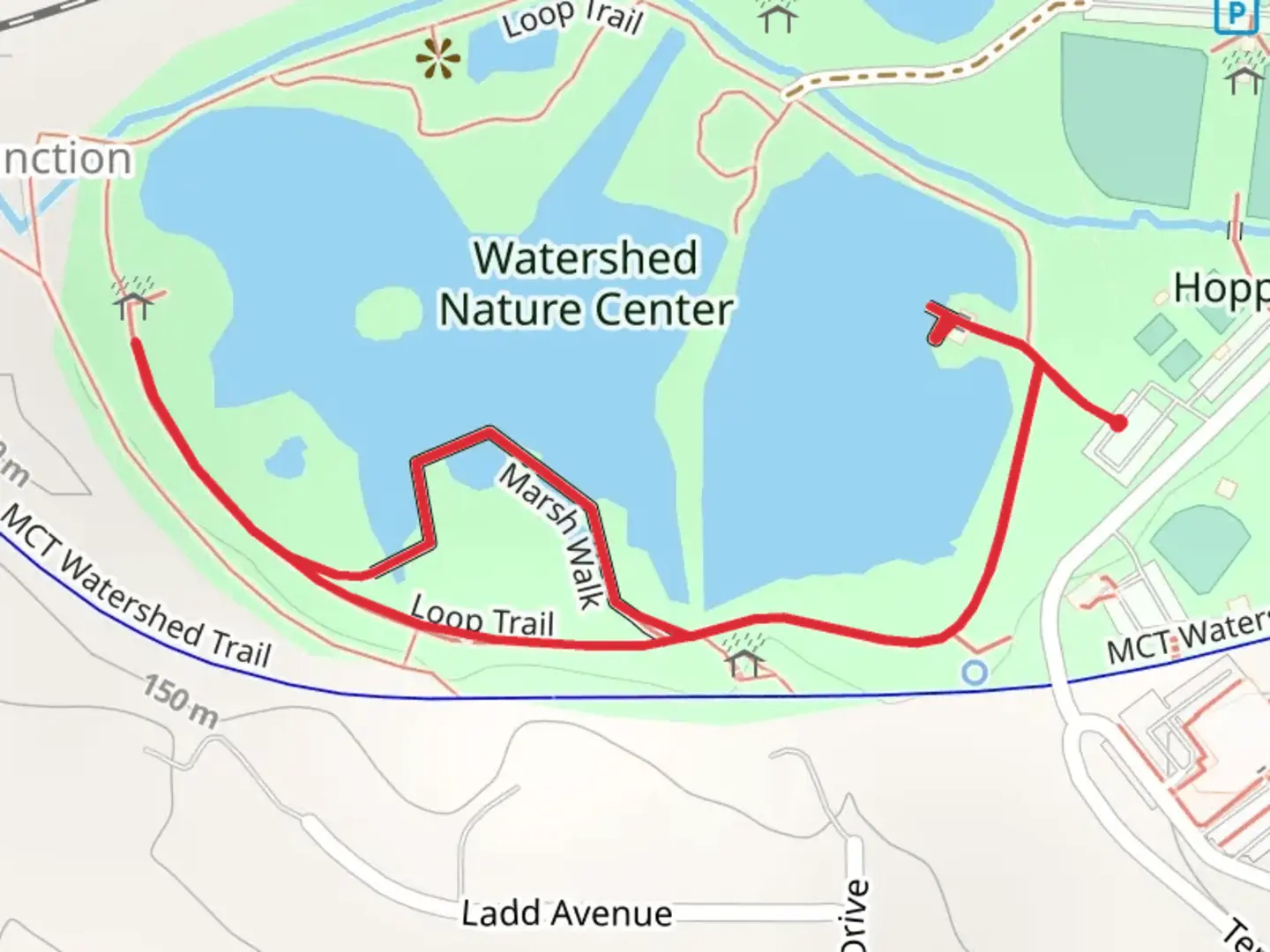 An image depicting the trail Watershed Nature Center Walk and its surrounding area.