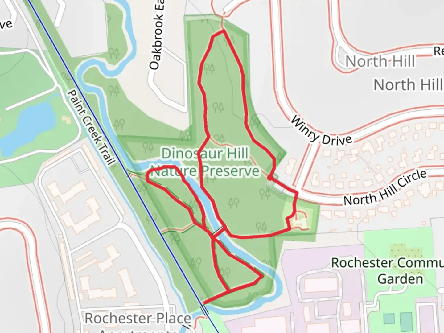 An image depicting the trail Dinosaur Hill Nature Preserve Loop and its surrounding area.