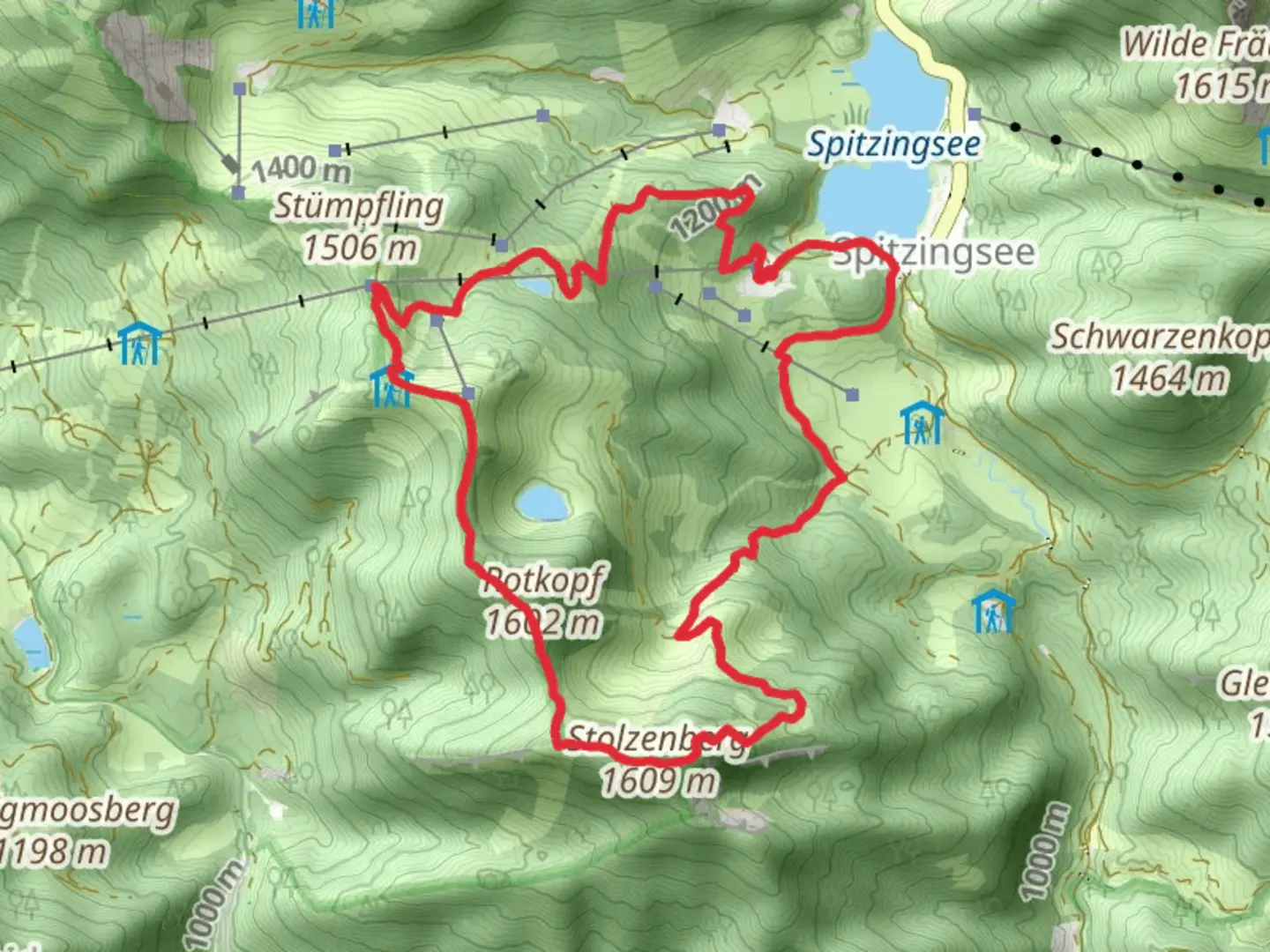 An image depicting the trail Roßkopf, Stolzeneck, Stolzenberg and Spitzingsee via Rosskopf - Tourenanstieg and its surrounding area.