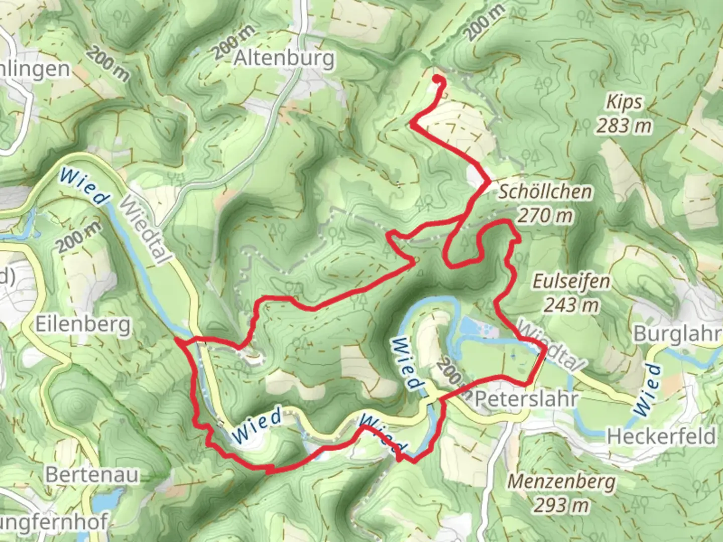 An image depicting the trail Weid via Flammersfeld and its surrounding area.