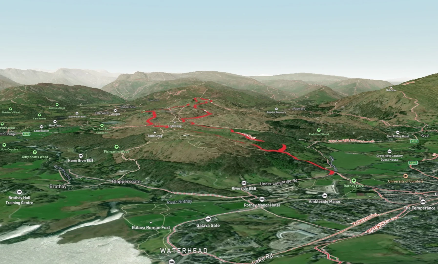An image depicting the trail Loughrigg Brow and Loughrigg Fell Loop and its surrounding area.