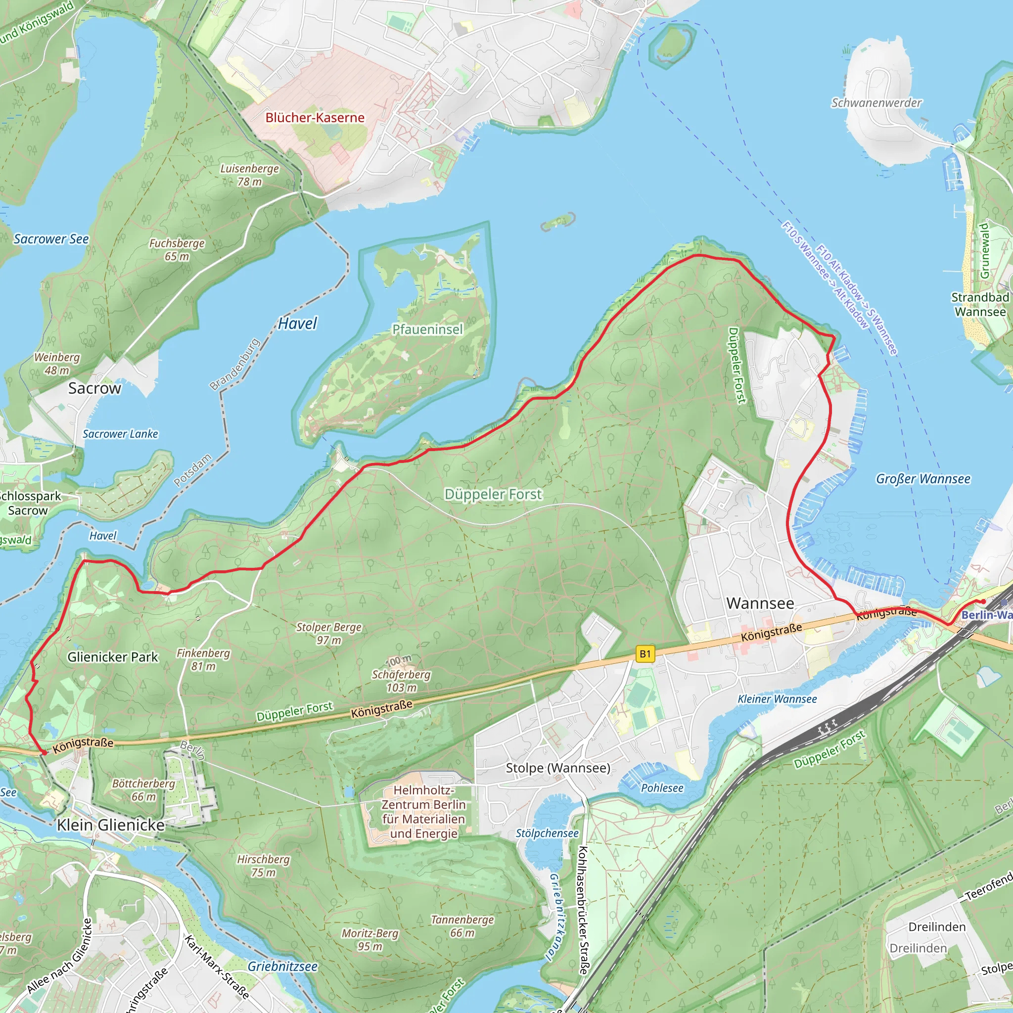 Berlin-Wannsee to Schloss Glienicke Scenic Walk via Düppeler Forst mobile static map