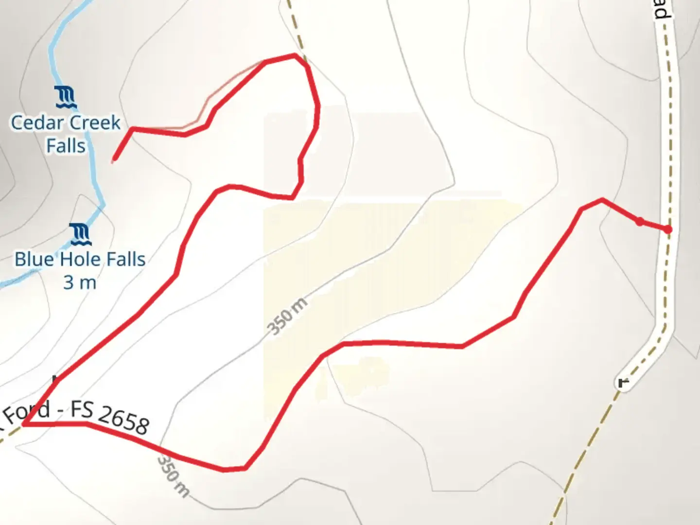 An image depicting the trail Cedar Creek Road and its surrounding area.