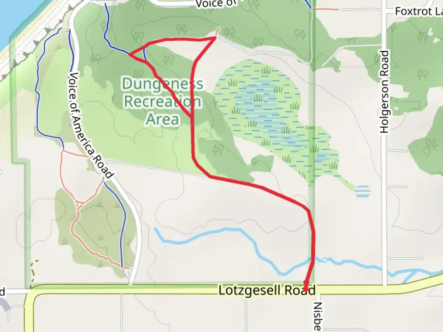 An image depicting the trail Loop beside Dungeness Recreation Area Campground and its surrounding area.