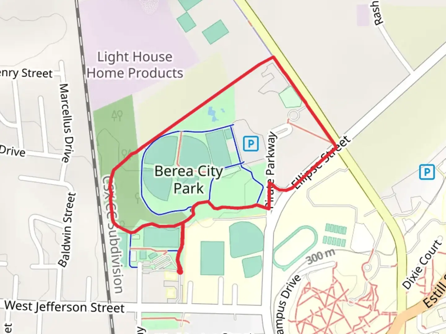 An image depicting the trail Berea City Park Loop Trail and its surrounding area.