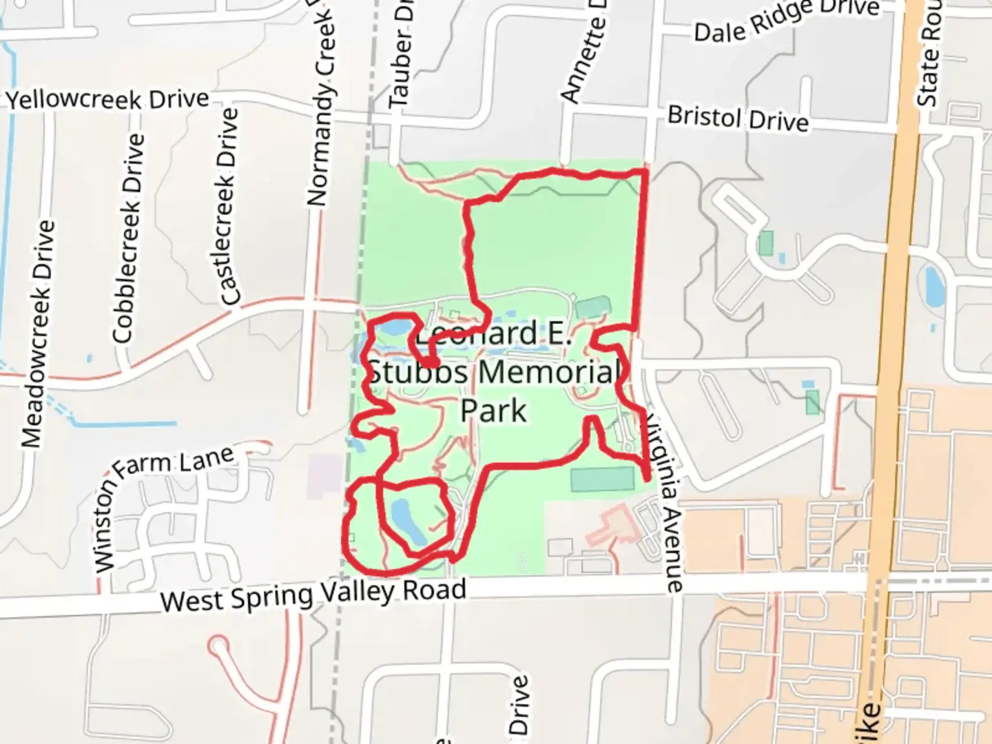 An image depicting the trail Leonard E Stubbs Memorial Park Loop and its surrounding area.