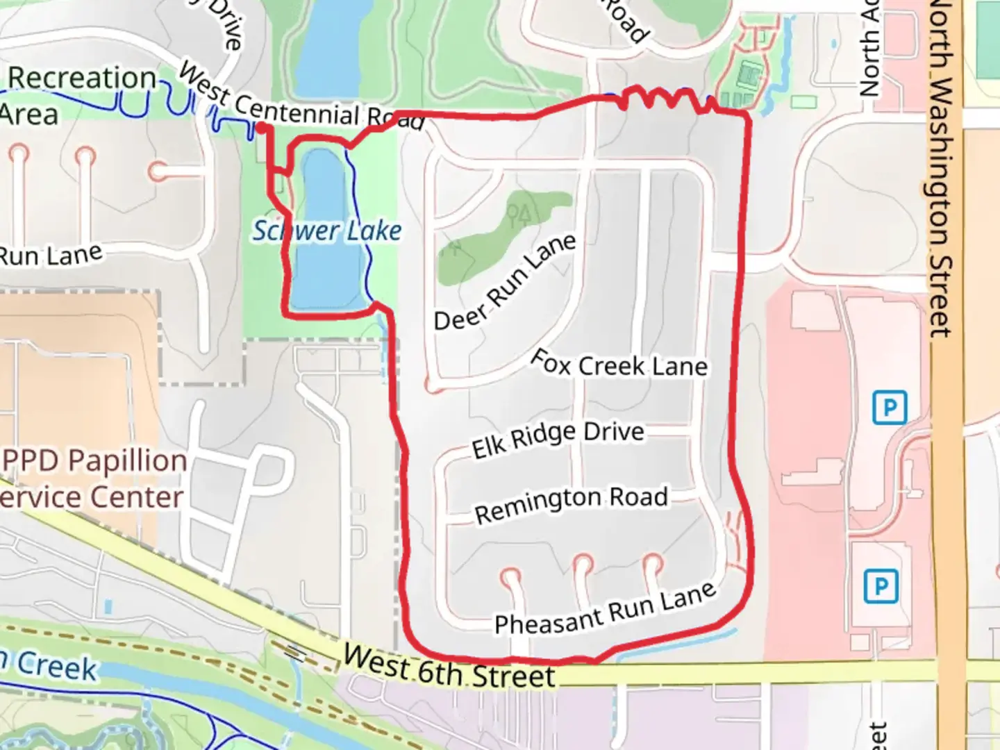 An image depicting the trail Schwer Park Loop Trail and its surrounding area.