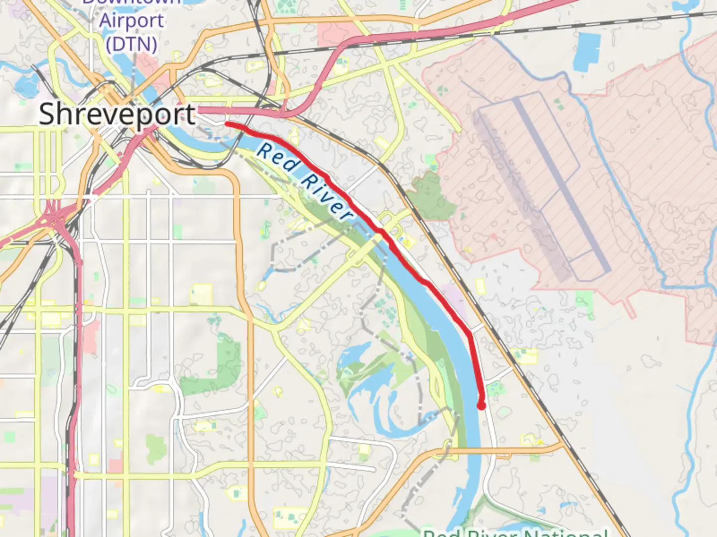 An image depicting the trail Red River via Arthur Ray Teague Parkway Trail and its surrounding area.