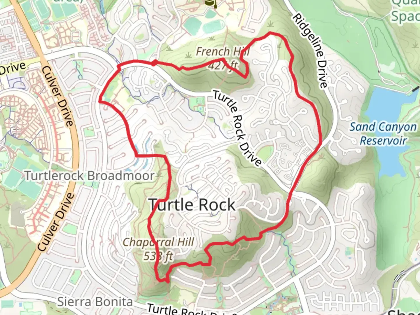 An image depicting the trail Loop around Turtle Rock and its surrounding area.
