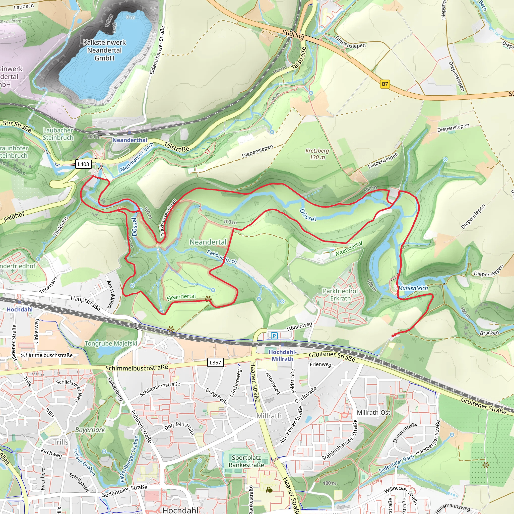 Muehlenteich and Wisent via Neandertalweg and Neanderthal Museum Rundweg mobile static map