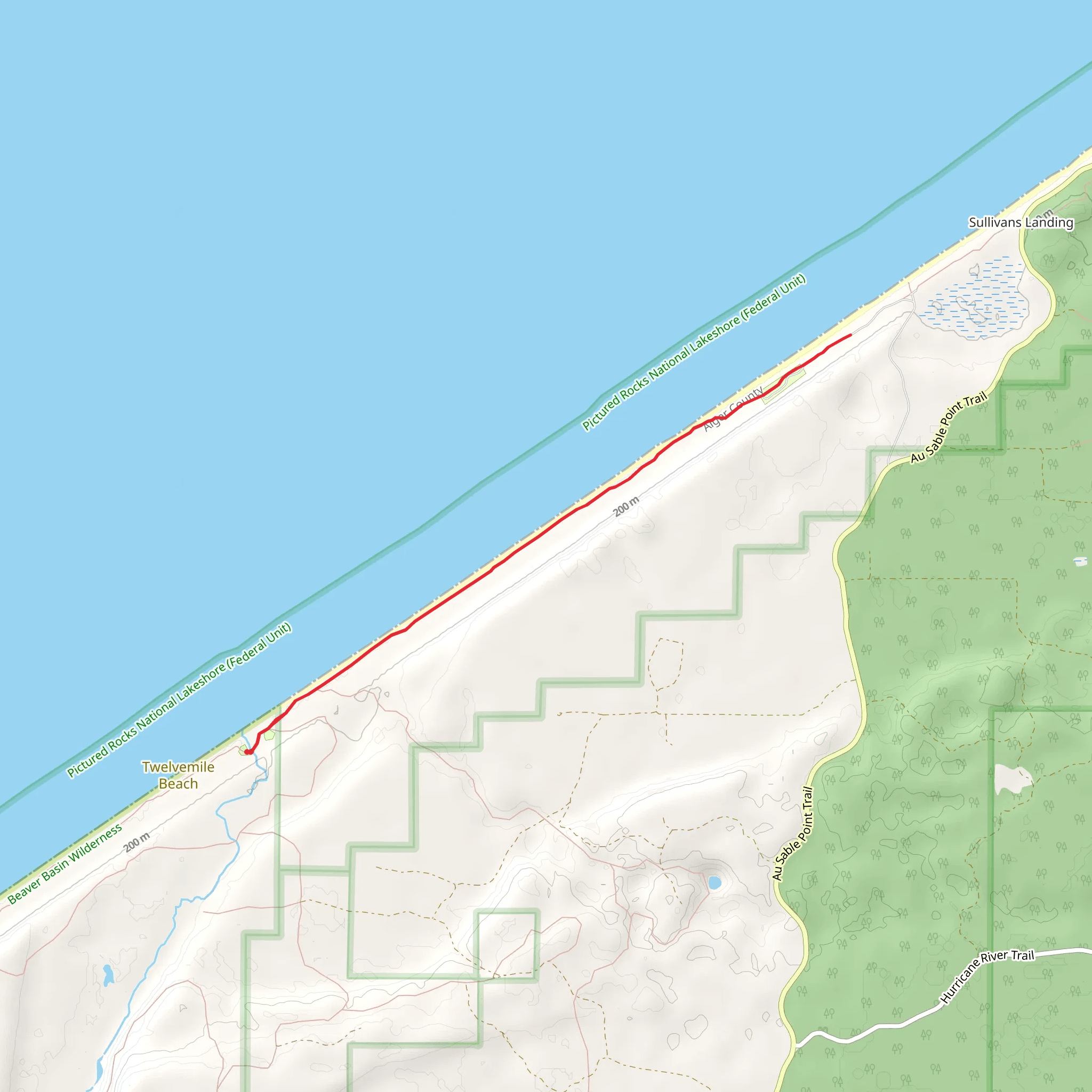 Sevenmile Campground to Au Sable Point Campground via North Country Trail mobile static map