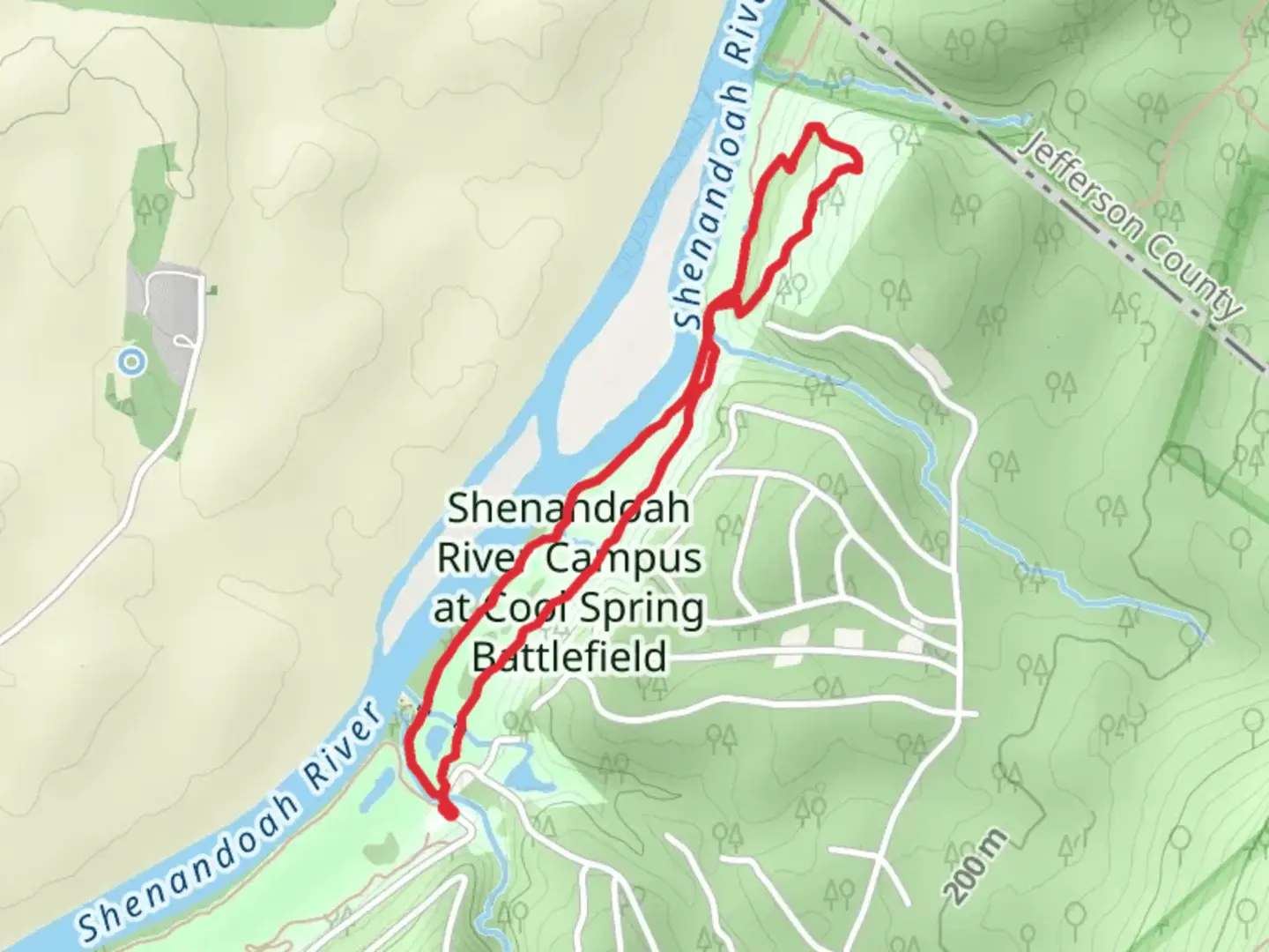 An image depicting the trail Shenandoah River Campus at Cool Spring Battlefield Loop and its surrounding area.