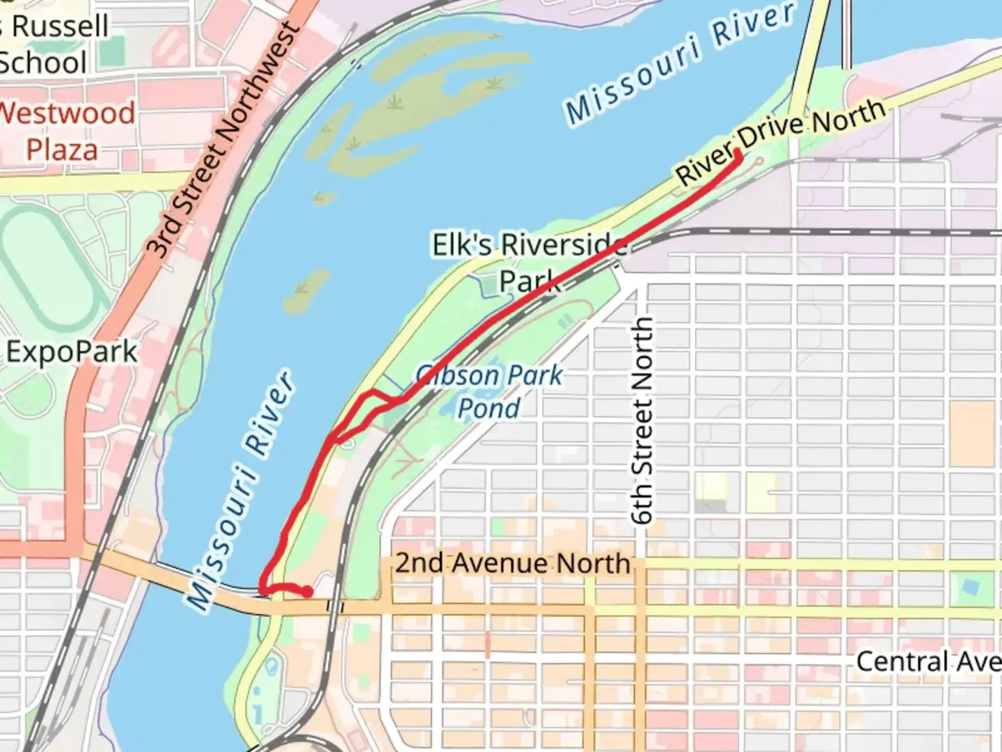 An image depicting the trail Elk's Riverside Park - Rivers Edge Trail and its surrounding area.