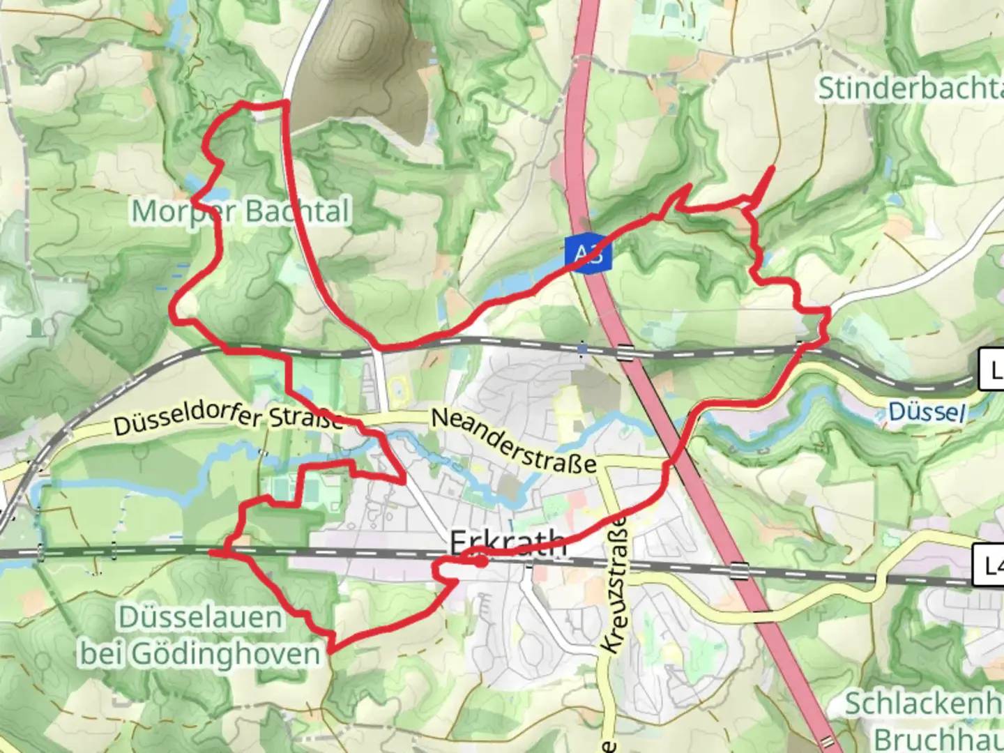 An image depicting the trail Rotthäuser Bach and Stinderbach and Niederberg Nord and Düsseltalweg and its surrounding area.