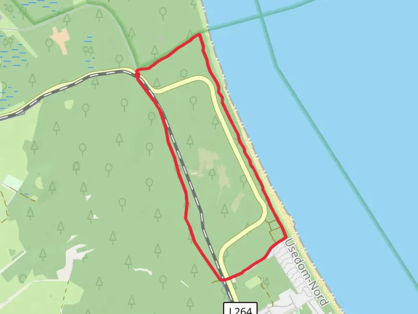 An image depicting the trail Usedomer Baderbahn and Hundestrand Loop and its surrounding area.