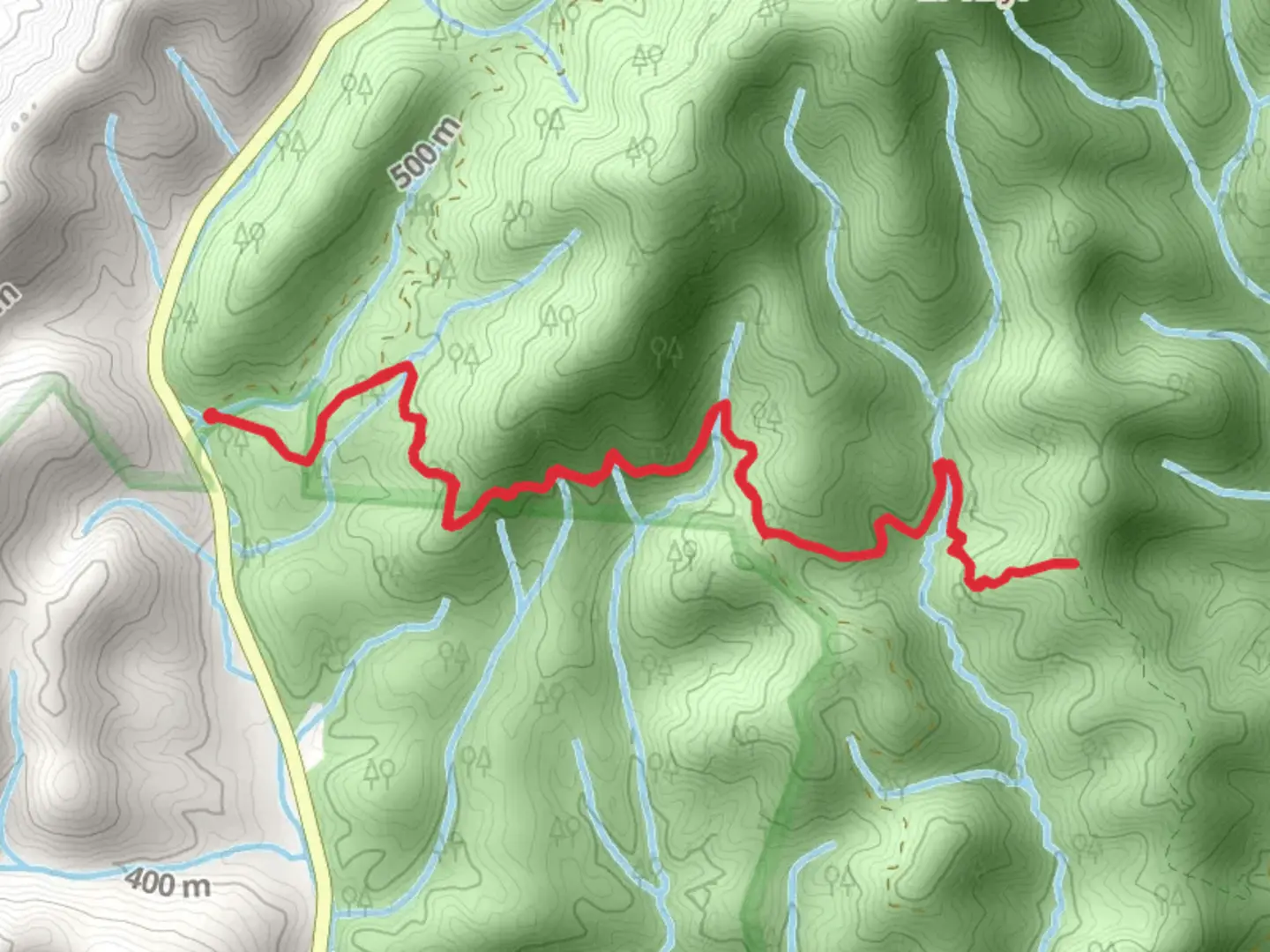 An image depicting the trail Burnett Gap Trail via Teno Road and its surrounding area.